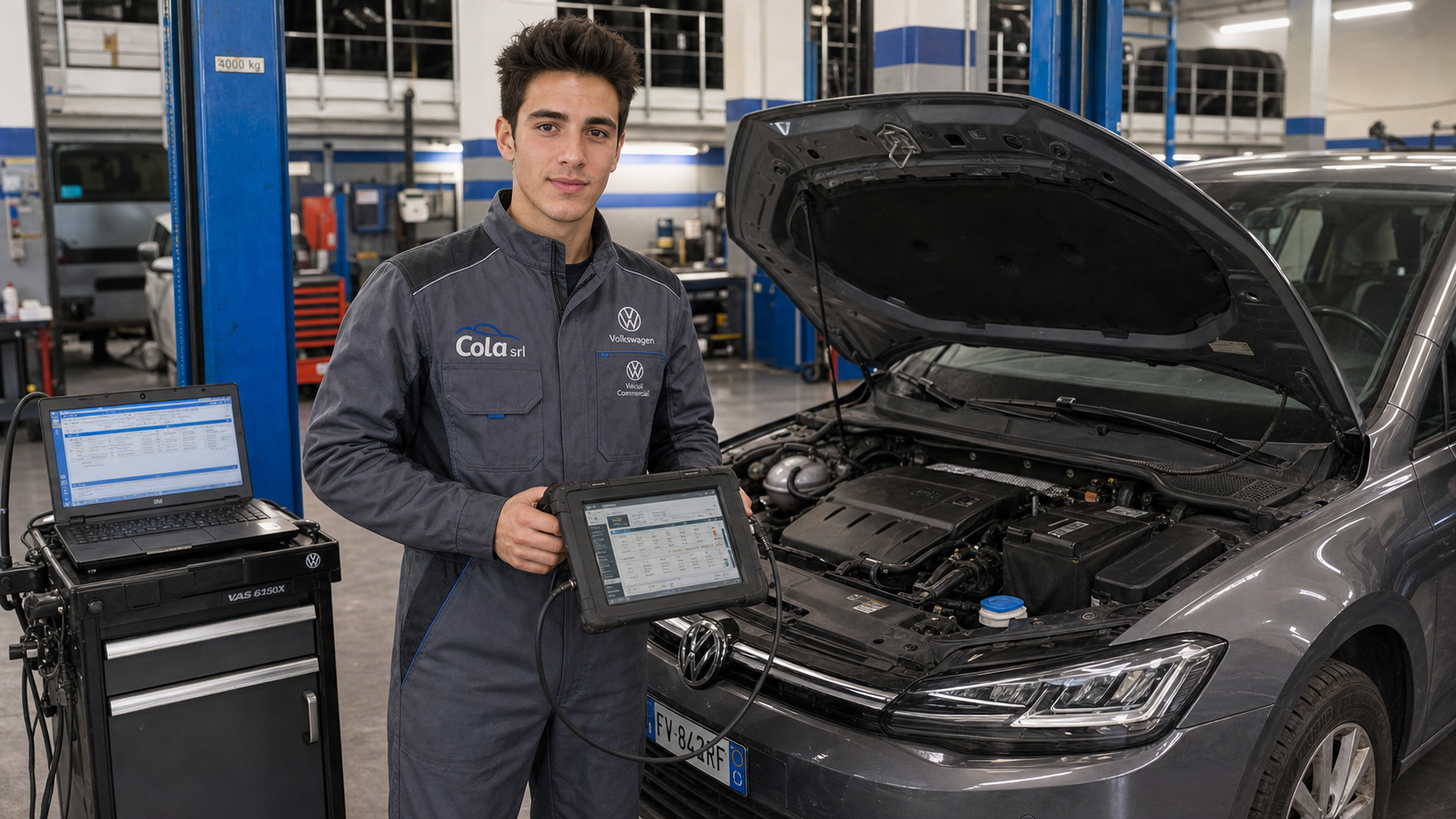Tecnico Cola Srl con tablet diagnostico ufficiale Volkswagen VAS